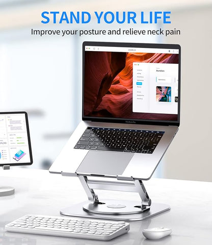 Adjustable Laptop Stand with 360 Rotating Base, Stable Computer Stand for Laptop Ergonimic Foldable Laptop Riser for Desk Compatible with MacBook Pro/Air Notebook up to 16 Inches, Silver