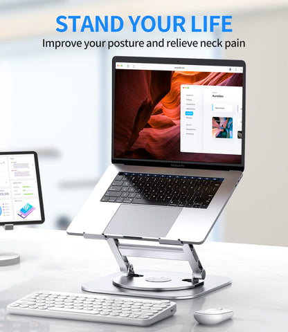 AOEVI Adjustable Laptop Stand with 360 Rotating Base, Stable Computer Stand for Laptop Ergonimic Foldable Laptop Riser for Desk Compatible with MacBook Pro/Air Notebook up to 16 Inches, Silver