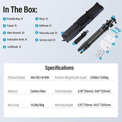 SIRUI Carbon Fiber Travel Tripod - Lightweight Only 0.93kg，Compact Tripod with 360° Panorama Ball Head Quick Release Plate, Max Height 50.2", Max Load 6kg for Camera, DSLR