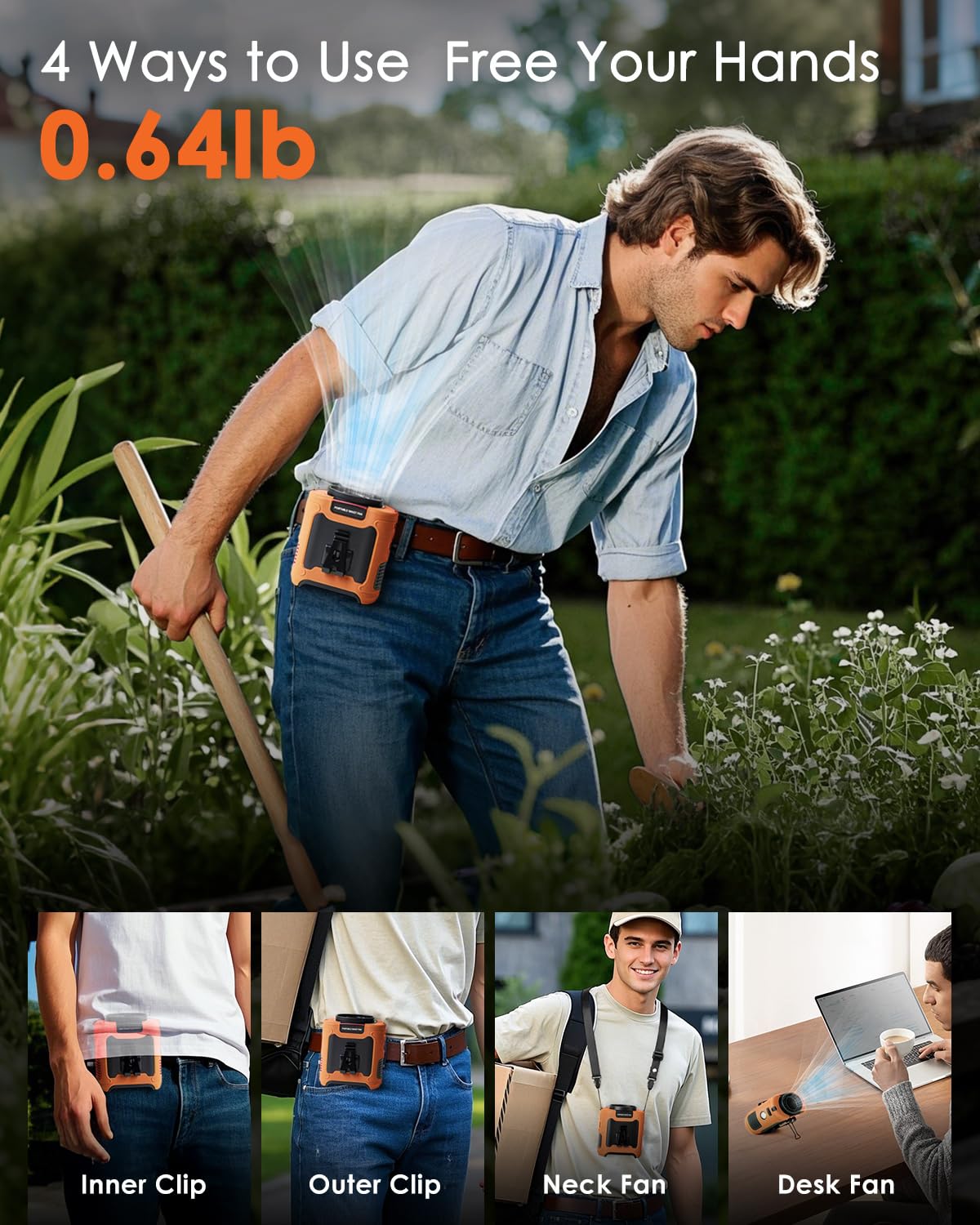 FANSEXPERT Portable Waist Fan Clip on, Personal Wearable Belt Fan 10000mAh Rechargeable Battery Under Shirt,5 Speeds with light, Neck Fan Hands-Free Cooling For Outdoor Camping Travel (Orange)