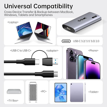 SSK 2TB Portable SSD External Hard Drive Solid State Drive Up to 550MB/s