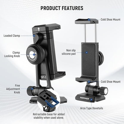 Neewer Phone Tripod Mount Adapter with Arca Type QR Base, Cold Shoe, 1/4" 3/8" Holes, 360° Swivel 180° Tilt, Phone Holder Compatible with iPhone Samsung Arca Swiss DJI RS 4 Pro 3 2 Stabilizer, SP-18