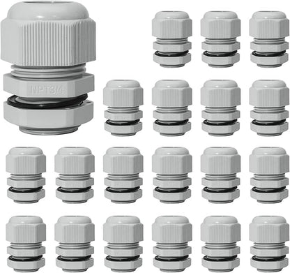 20 Pcs 3/4" NPT Nylon Cable Glands, IP68 Waterproof Adjustable Cord Grip Cable Connector Strain Relief Wire Protectors for 13-18mm Cable Diameter, Grey