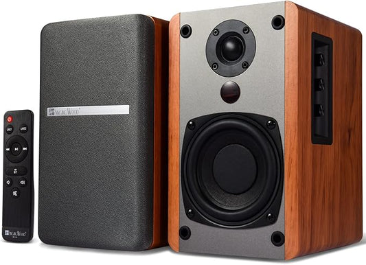 SINGING WOOD BT25 Powered Bluetooth Bookshelf Speakers with Subwoofer Output, 80W Hi-Fi Active 2.0 Stereo System, Optical/RCA Inputs, Studio Monitors for Home Theater, PC Gaming, Turntable