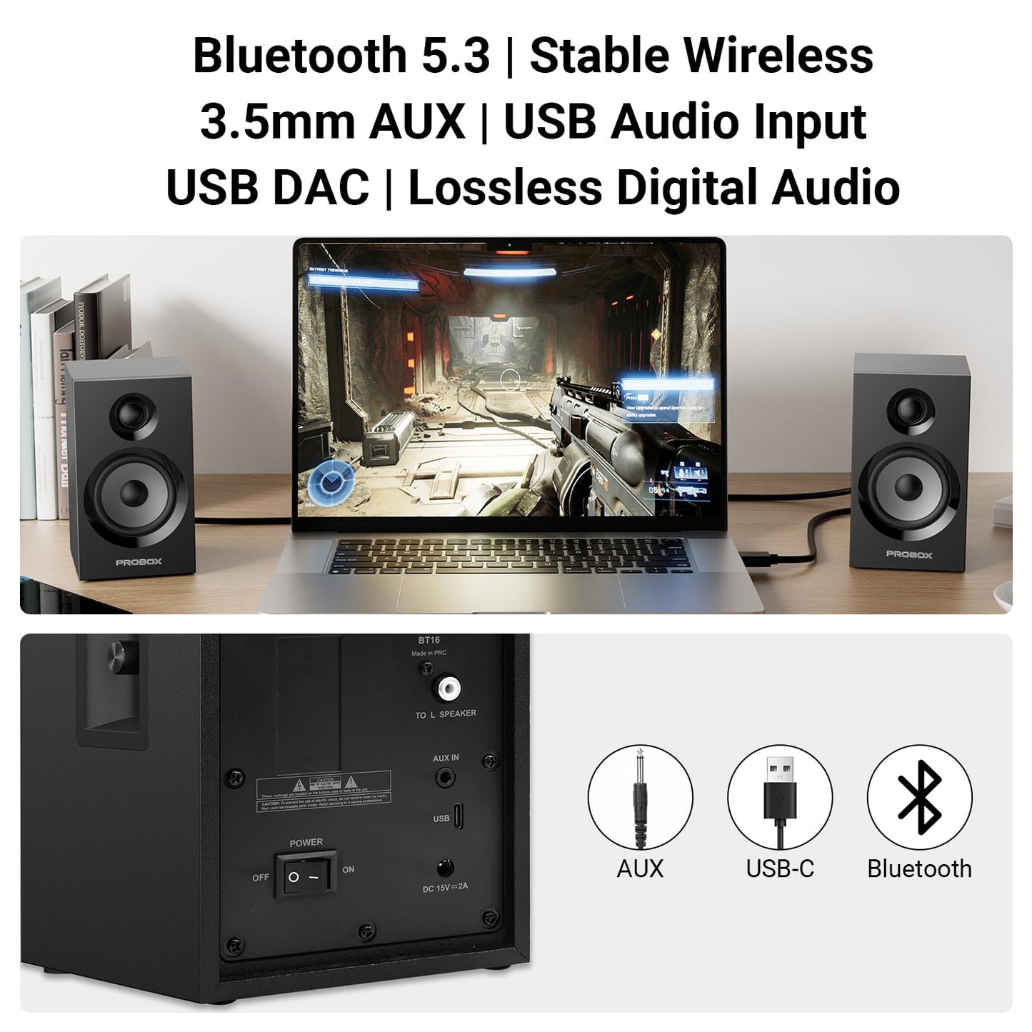 Probox Powered Bookshelf Speakers HiFi Computer Gaming Monitors with Bluetooth 5.3 & 24-Bit USB DAC Stereo Speaker PC Speakers 3.5" Woofer,1" Silk Dome Tweeter, Adjustable Bass/Treble BT16-Black
