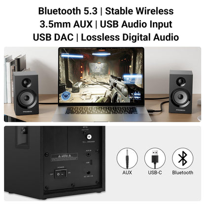 Probox Powered Bookshelf Speakers HiFi Computer Gaming Monitors with Bluetooth 5.3 & 24-Bit USB DAC Stereo Speaker PC Speakers 3.5" Woofer,1" Silk Dome Tweeter, Adjustable Bass/Treble BT16-Black