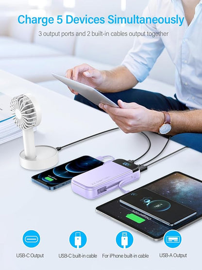 Portable Charger 32000mAh, 22.5W QC 3.0 PD 20W Smart LED Display Fast Charging Built in Cables Power Bank, External Battery Pack Charge 5 Devices Compatible with Cellphones (Purple)