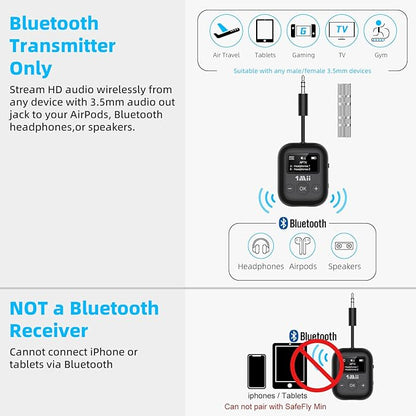 Airplane Bluetooth 5.3 Transmitter for All Headphones - Bluetooth Adapter for TV - Dual Connection - aptX Low Latency - Flying Travel,Long Flight Essentials - Wireless Audio Aux for MP3,Game,PC-Black