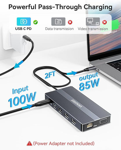 USB C Docking Station, 14 in 1 USB C Hub Multiport Adapter, Triple Display 3 Monitors with Dual 4K HDMI+VGA, 100W PD, 5xUSB A/C 10Gbps, Ethernet, SD/TF, Audio Ports for Laptop/Lenovo/Dell/HP/Surface