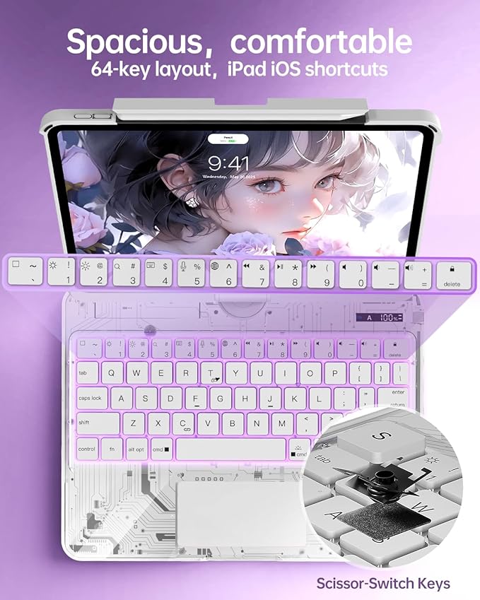 Intermerge Clear iPad A16 11th & 10th Generation 10.9" Case with Keyboard, 360° Transparent Multi-Touch Trackpad, 7-Color RGB Keyboard, Pencil Holder, Type-C, Power Indicator, Frost Pulse
