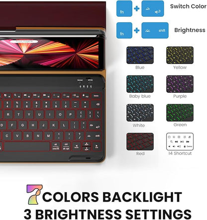 Leather Keyboard Case for iPad Air 5th 4th Generation 10.9 inch Pro 11 1st/2nd/3rd/4th, 7 Color Backlight BT Keyboard Folio with Pencil Holder 2022 2021 2020 2018 (Wine)