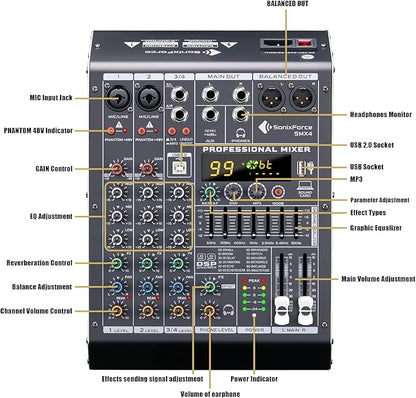 Professional Audio Mixer 4 Channel Sound Board Console System 99 DSP DJ Mixer 48V Phantom for Karaoke DJ Studio Streaming Recording