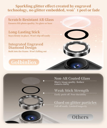 GolbinBox Camera Lens Protector for iPhone 17 Pro Max/17 Pro/16 Pro Max/16 Pro, 1:1 Invisible Fit, 9H Tempered Glass Ultra HD Metal Individual Camera Cover for Women, Case Friendly,Bling/Black