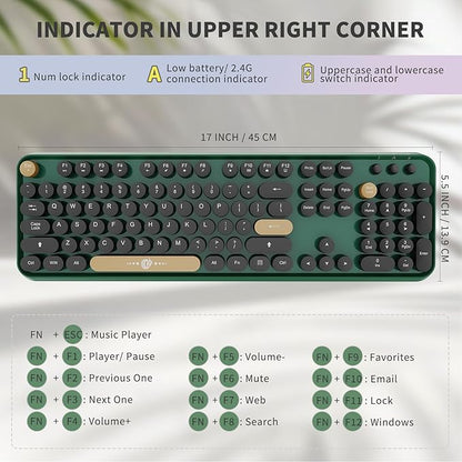 Wireless Keyboard and Mouse Combo, 104 Round Keys Cute Colorful Keyboard and Mouse with Retro Typewriter for PC/Mac/Laptop/Tablet/Computer/Windows Green