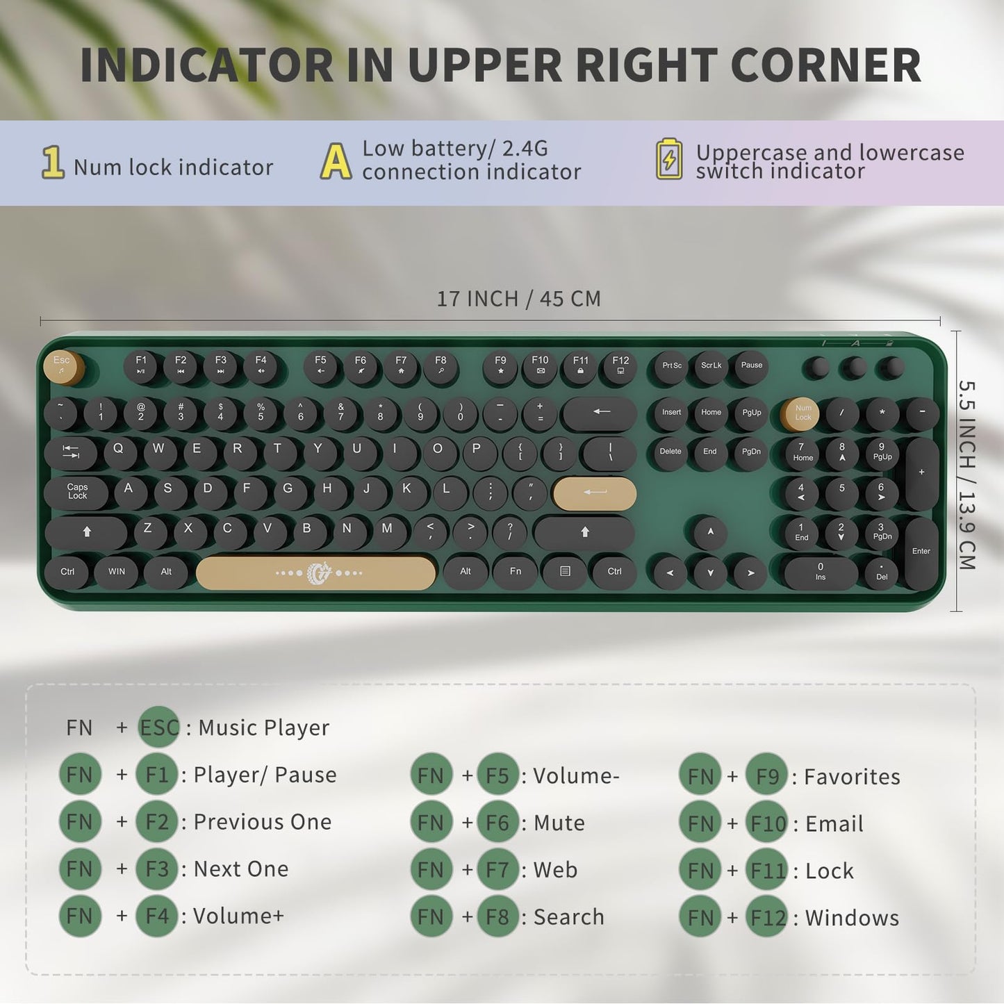 Green Wireless Keyboard and Mouse Combo,Typewriter Keyboard with Round Keys,2.4G Wireless Full Size Colorful Keyboard with Number Pad for Computer Laptop and Desktop