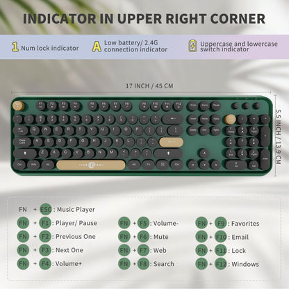 Green Wireless Keyboard and Mouse Combo,Typewriter Keyboard with Round Keys,2.4G Wireless Full Size Colorful Keyboard with Number Pad for Computer Laptop and Desktop