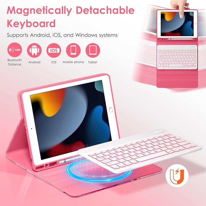 DTTO for iPad 9th/8th/7th Generation 10.2" Case 2021/2020/2019 with Keyboard, 7 Colors Backlit Wireless Detachable Keyboard Premium Leather Folio Cover with Pencil Holder & Pocket, Watermelon Marble