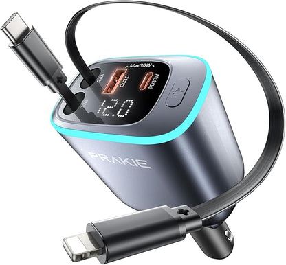 iPhone Car Charger, Retractable Fast USB C Phone Charger, 4 in 1 Cigarette Lighter Adapter with 2 Cables 30 Inch and 2 USB Ports, Multi Port USB Car Charging for iPhone 16/15/14/13/Pro Max