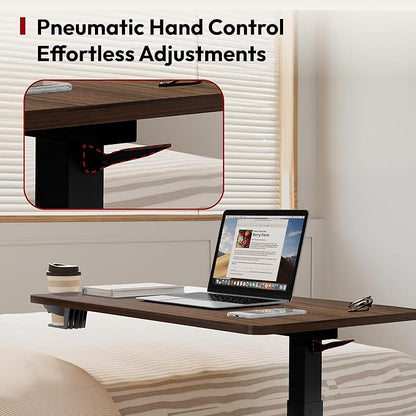 SANODESK Medical Adjustable Overbed Bedside Table with Hidden Casters, Pneumatic Mobile Laptop Computer Standing Desk Cart with Tray, Hospital and Home Use(27.6" W x 15.7" D, Walnut)