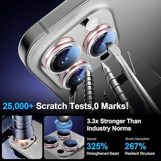 X-it 2 Pack Camera Lens Protector, Shatterproof Protection Anti-Scratch Ultra HD Camera Protector, Anti-Glare 9H Tempered Glass Lens Protector for iPhone 16 Pro Max/16 Pro, Case Friendly, Silver Red