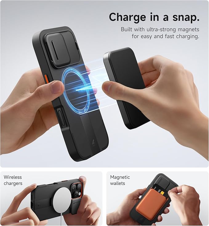 SURITCH for iPhone 16 Pro Case with Slide Camera Cover and Adjustable Kickstand, Compatible with MagSafe, Shockproof Bumper Case Slim Protective Cover for iPhone 16 Pro 6.3 Inch,Black
