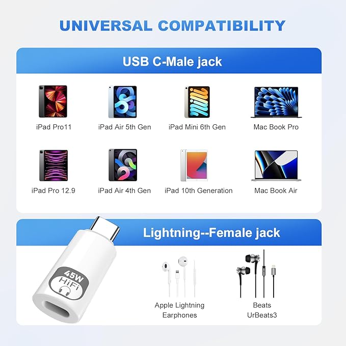 USB C to Lightning Audio Adapter,Lightning to USB C Hi-Fi Adapter for Headphones,480Mbps High-Speed Data Transmission with 45W Fast Charging for iPhone16/15 Series,iPad mini/Air/Pro