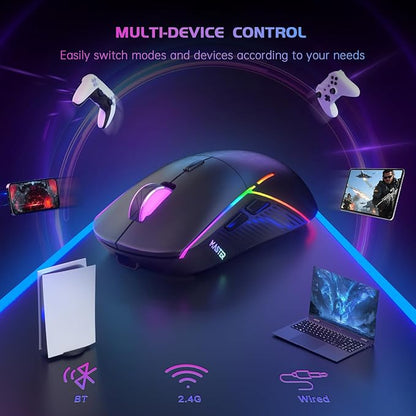 FFJ Wireless Gaming Mouse, 24000 DPI, Tri-Mode 2.4G/USB-C/Bluetooth 5.3 Gaming Mouse Wireless, RGB Programmable Mouse Gamer, 75Hrs Battery Life, Rechargeable Gaming Mice for PC, Mac, Xbox - Black