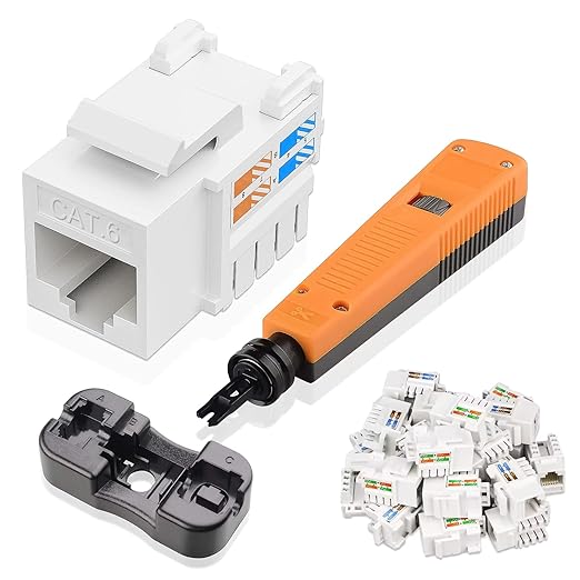 ZOERAX 25-Pack 10Gbps Cat6 Keystone Jacks, RJ45 Keystone Jack, Ethernet Keystone Jack in White with Punch Down Tool and Punch Down Stand Tool
