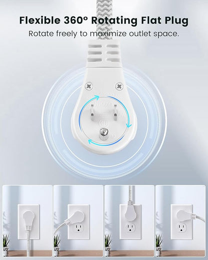 SURAIELEC 10FT 360° Rotating Flat Plug Extension Cord Flat Wall Plug with 3 Outlets, Braided Flat White Extension Cord for Indoor Use, Home, Office, 16/3C SPT, ETL Listed