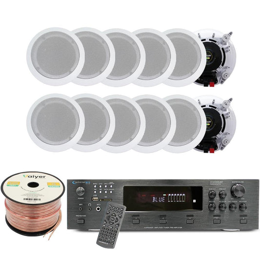 Vaiyer Home Audio System Kit, 6-Channel 6000 Watts Bluetooth Amplifier with 6.5" 12 Qty of 200 W Each in-Wall in-Ceiling Speakers & 16 AWG 500 ft. Speaker Wire - Perfect for Home, Office, Restaurants