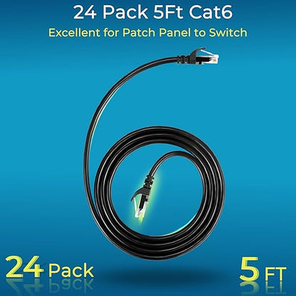 Rapink Patch Cables Cat6 5ft (24 Pack), Ethernet Patch Cable 10G Support, Cat 6 Patch Cable for Patch Panel to Switch, Flexiable Cat 6 Ethernet Cable with Gold Plated Black