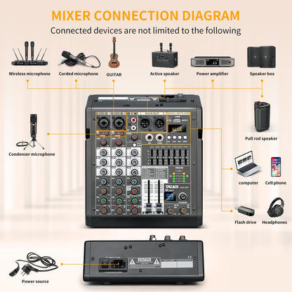 TKLBLS 4 Channel Audio Mixer for Home Audio, Sound Mixer Board with USB Interface, 99 DSP Effects, 48V Phantom Power, XLR Inputs for Karaoke, Recording