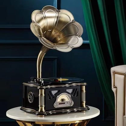 Vintage Gramophone with Bluetooth Output Vintage Record Players Retro Gramophone Turntables for 7" 9" 12" Vinyl Records 3 Speed, Hi-Fi, Handcrafted by Pure Oak (Black)