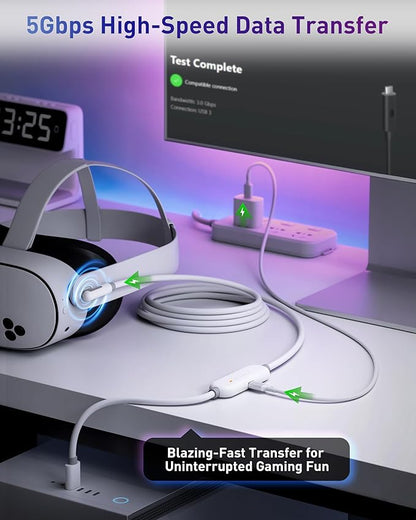 Maxonar VR Charging Link Cable 16FT (Next-Gen Chip) Compatible with Meta Quest 3S/Quest 3/Oculus Quest 2/Pico 4 Accessories and PC/SteamVR, Awesome Gift-5Gbps USB 3.0 to USB C Cable-White