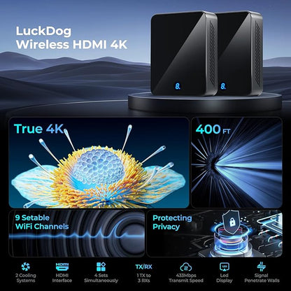 Wireless HDMI Transmitter and Receiver 4K 30Hz, 400FT/120M Long Range, 9 Adjustable Channels, 1TX to 3RX– Stream HD Video/Audio from Laptop, PC, Camera to TV, Projector, Monitor