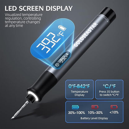 Cordless Soldering Iron Kit - 7s Fast Heating & Auto Sleep, Portable USB-C Rechargeable Welding Pen with 3 Tips (392°F/200°C to 842°F/450°C) for Electronics Repair/DIY/Circuit Board, Gunmental