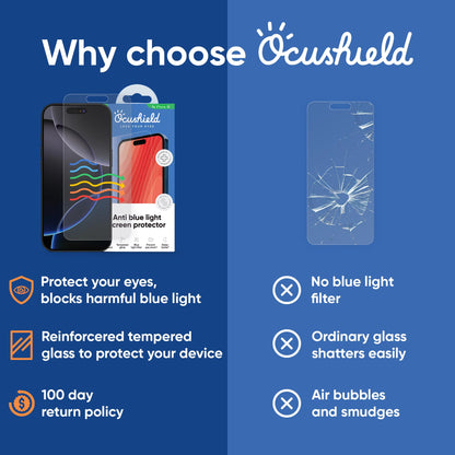 Ocushield Anti Blue Light Tempered Glass Screen Protector of iPhone 16 Plus (6.7")– Blocks Blue Light, Prevents Eye Strain & Helps You Sleep Better, 9H Hardness & Case Friendly