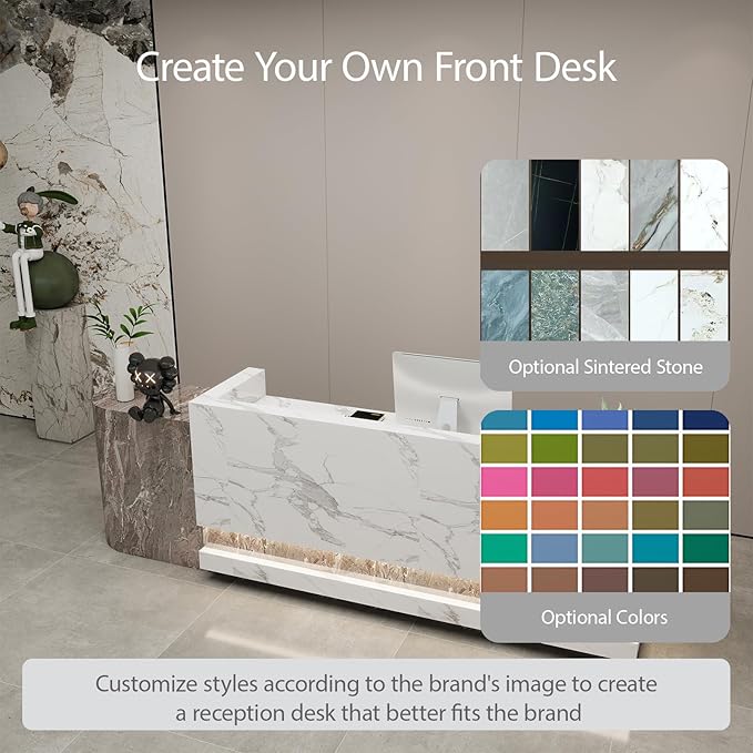 Front Desk Reception Counter - Lockable Storage & Keyboard Tray | Reception Desk with Counter, Customizable Large Counter Table (Grey+White, 76'')