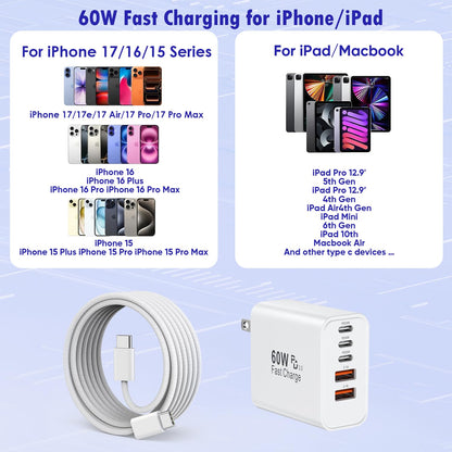 iPhone 17/16 Fast Charger Block,2 Pack 60W USB Charging Block 5-Port Charge Adapter for Apple iPhone Charger with 6FT USB C Woven Fast Charging Cable for iPhone17/16e/16Pro/15ProMax, iPad Pro/Air/Mini