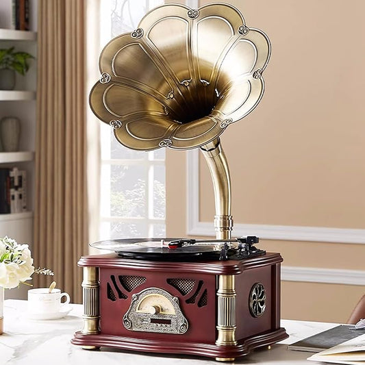 HZLSBL Vintage Gramophone with Bluetooth Input Vintage Record Players Retro Gramophone Turntables for 7" 9" 12" Vinyl Records 3 Speed, Hi-Fi, Handcrafted by Pure Oak (Walnut)