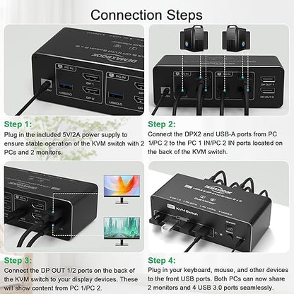 DEMEXBOOK Dual Monitor DisplayPort KVM Switch 2 Monitors 2 Computers 8K@60Hz 4K@144Hz,KVM Switch 2 Computers Share 2 Monitors, 4 USB 3.0 Ports, Supports Extended/Copy Mode with Remote & USB Cables