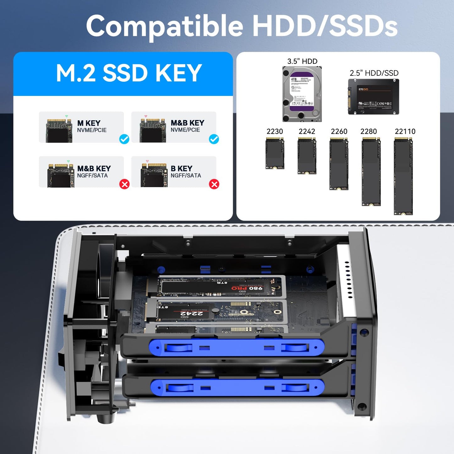 CENMATE Hybrid 2.5/3.5" SATA HDD/SSD+3* M / B+M Key M.2 NVMe Enclosure with Cooling Fan and USB A/C 3.2 Gen 2 (10Gbps), Hard Drive Enclosure Support 46TB(22TB HDD+3*8TB 2230/2242/2260/2280/22110 SSDs)