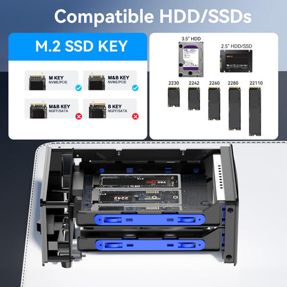 CENMATE Hybrid 2.5/3.5" SATA HDD/SSD+3* M / B+M Key M.2 NVMe Enclosure with Cooling Fan and USB A/C 3.2 Gen 2 (10Gbps), Hard Drive Enclosure Support 46TB(22TB HDD+3*8TB 2230/2242/2260/2280/22110 SSDs)