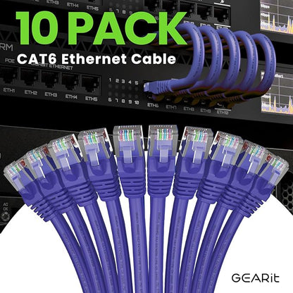 GearIT Cat 6 Ethernet Cable (10-Pack 3 Feet) Cat6 Network Patch, 10Gbps, RJ45, Snagless Cord, Gold-Plated Connectors, Internet for PC, TV, Tablet, Router, Printer, Servers, IT Data Center - Purple
