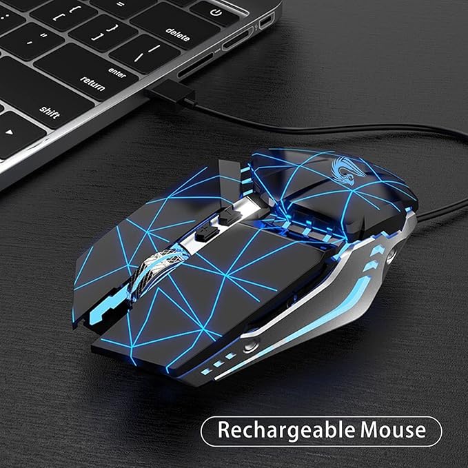TENMOS T12 Wireless Gaming Mouse Rechargeable, 2.4G Silent Optical Wireless Computer Mice with Changeable LED Light for Laptop PC, 7 Buttons, 3 Adjustable DPI (Starry Black)