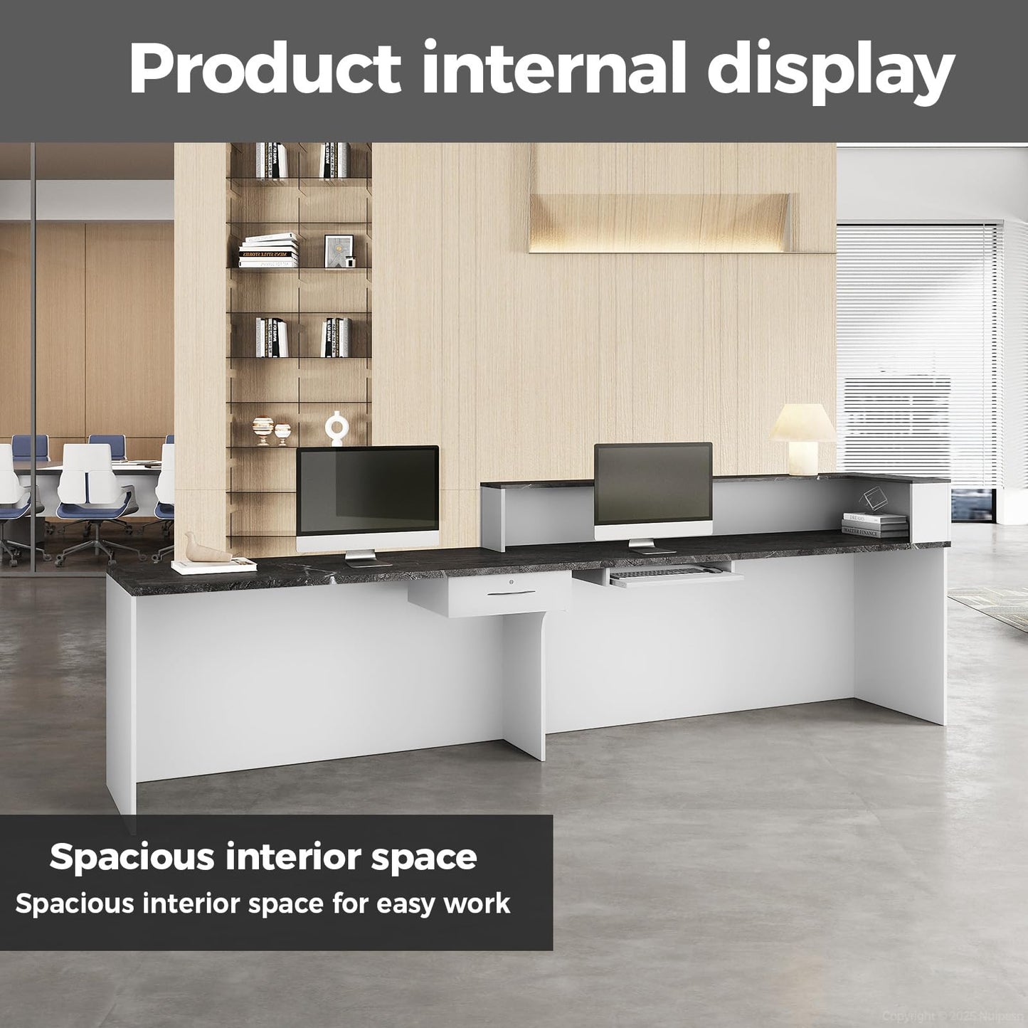 Nuipesn 71" Modern Reception Desk with Counter, Lockable Drawer, Keyboard Tray & Cable Grommet, Right Layout, White + Black