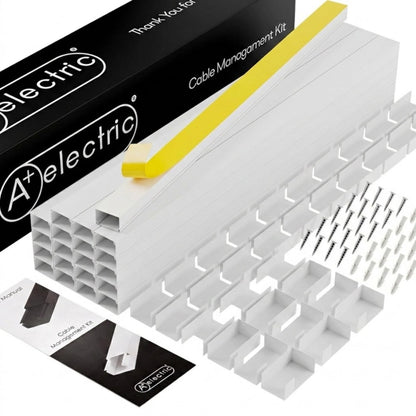 A+ ELECTRIC Cord Cover Full Kit, 26ft/315in Self-Adhesive Cable Raceway, 20 Snap-On Channels, Wire Hider for TV, HDMI & Speaker Cables, Includes Connectors & Corners, Paintable Cable Management, White