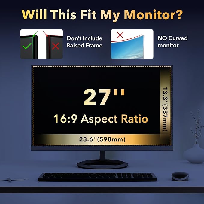 Magnetic Invisible Hidden Design Computer Privacy Screen Filter 27 Inch for Frameless Monitor 16:9 Aspect Ratio, Removable Anti Glare Blue Light Protector, Double Sided Reversible Eye Care 27in Film