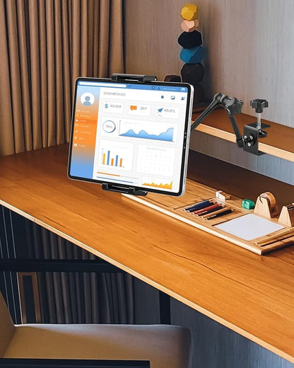 Aluminum Tablet Stand Holder for Desk Mount - [Small Portable] Tablet Holder for Kitchen, Bed Clip with 1.26" Depth Large Clamp for iPad Pro 13 Air Mini, Galaxy, Fire, Switch, iPhone, 6-15.6" Devices