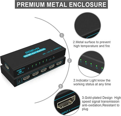 HDMI Switch SGEYR 5x1 HDMI Switcher 5 in 1 Out HDMI Selector 5 Port Box with IR Remote Control HDMI 1.4 HDCP 1.4 Support 4K@30Hz Ultra HD 3D 2160P 1080P